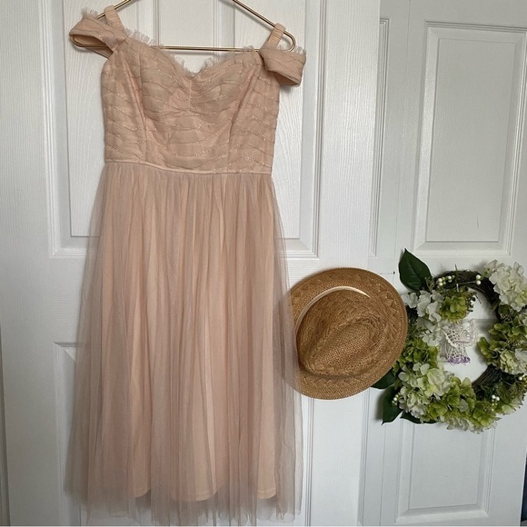 maniju New With Tag soft pink tulle ballet of the shoulder blush dress Boho S - Picture 3 of 11